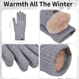 Womens Winter Beanie Hat Scarf and Gloves Set Girls Cable Beanies with Pompom Knitted Scarf Touch Screen Gloves Sets Ladies Grey Knit Thick Warm Soft Fleece Lined Thermal Cap for Cold Weather