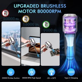 TANGOTOK 80,000RPM Cordless Car Vacuum & Air Duster 4-in-1 High Power 20000PA Handheld Blower/Pump with Brushless Motor, LED Power Display, 3 Speed for Home/Camping/Pet Hair (Purple)