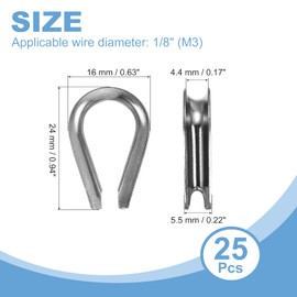 uxcell 1/8" M3 Stainless Steel Thimble, 304 Stainless Steel Wire Rope Cable Thimbles Rigging Marine Grade, Silver 25Pcs