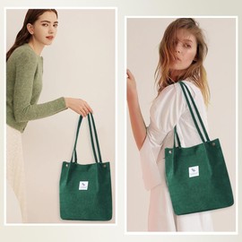 YZROHYI Fabric Tote Bag Cord Large Bag Shopper Shoulder Bag Fabric, Fabric Bag for Hanging, Canvas Shoulder Bag, Women's Tote Bag, Shoulder Bag, School Handbag, Work - Dark Green
