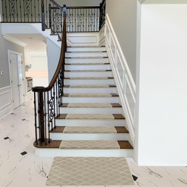 PURE ERA Bullnose Carpet Stair Treads Tape Free Non-Slip Indoor Stair Protectors Pet Friendly Stair Treads for Wooden Steps 9.5" x 30"(14 Pieces, Cream Gray Diamond Trellis)
