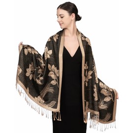 Achillea Soft Silky Reversible Paisley Pashmina Shawl Wrap Scarf w/Fringes (Floral Black Gold)