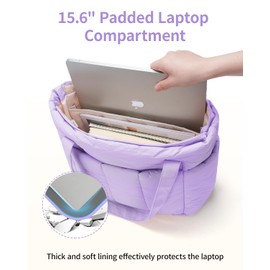 Narwey Puffer Travel Tote Bag for Women Work with Laptop Compartment, Lightweight Quilted Puffy Tote Bags with Luggage Sleeve for Carry on, College, Gym, Nurse (Purple, Large)