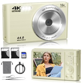 2025 Upgrade Digital Cameras,Digital Camera 4K 44MP, Compact Point and Shoot Digital Cameras for Teens with 16x Zoom, 64 GB SD Card, Vintage Digital Camera for Kids Boys Girls (Cream)