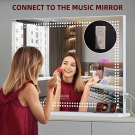 VANITII Vanity Mirror with Lights 32"x23" Lighted Makeup Vanity Mirror with Smart Speaker Dimmable 3 Light Modes 10X Magnification Light Up Mirror Touch Control Tabletop