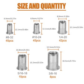 ISPINNER 150pcs #8-32, 10-24, 1/4"-20, 5/16"-18, 3/8"-16 Stainless Steel UNC Rivet Nuts, Flat Head Threaded Insert Assortment Kit