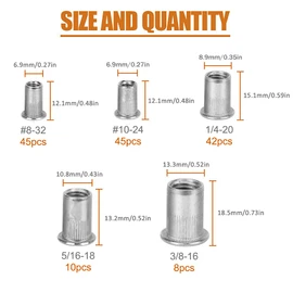 ISPINNER 150pcs #8-32, 10-24, 1/4"-20, 5/16"-18, 3/8"-16 Stainless Steel UNC Rivet Nuts, Flat Head Threaded Insert Assortment Kit