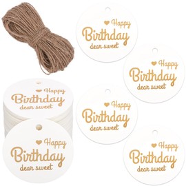 SOFPLATE 1 Box 100Pcs Kraft Paper Tags White Gift Labels Hanging Large 1.77 Inch Golden Word Happy Birthday Dear Sweet 20m Jute Cord Round Present Tags for Gifts Birthday Party Flower Decor Supplies