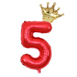 40 Inch Gold Crown Number 5 Balloons, 5th Birthday Balloons for Men Women, Red 5 Celebration Decor Happy 5th Birthday Party,0-9 Party Decoration Wedding Anniversary Events Supplies (Red 5)