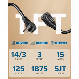 DEWENWILS 1FT Short Extension Cord, Flat Head Extension Cord Indoor with 3 Prong, Low Profile Power Cable SJT 14 AWG Flexible Power Cord for Home Kitchen, ETL Listed, 3 Pack