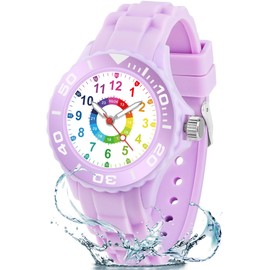 GUUMUXIN Kids Analogue Watch for Boys and Girls, Educational Watch with Hands for Children Aged 5-16 Years, Multi-Colour Dial with Clear Scales, Soft Strap, Easy to Read and Learn, purple, casual