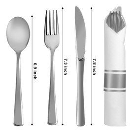 Silver Plastic Silverware with Napkins - 100 Pack Premium Disposable Silver Plastic Cutlery Set, Pre Wrapped Plastic Utensils with 100 Forks, 100 Knives, 100 Spoons, 100 Napkins for Wedding Party