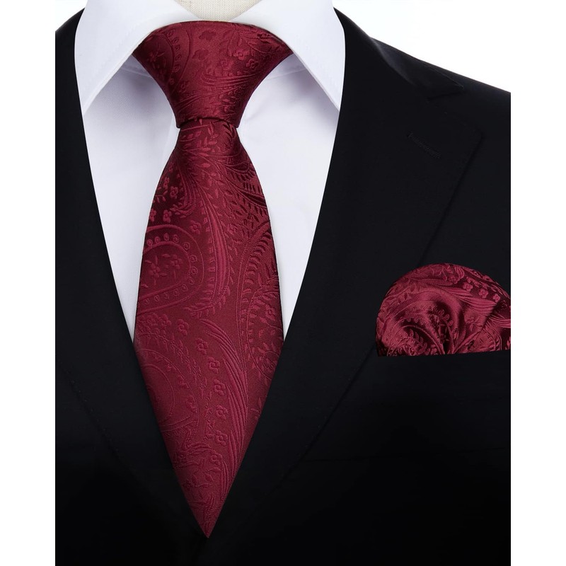 HISDERN Burgundy Tie Paisley Mens Ties and Pocket Square Cufflinks