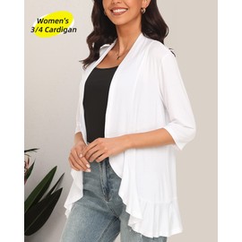 Argstar Women's Summer Cardigan, Lightweight Open Front Casual Soft Draped Ruffles 3/4 Sleeve White M