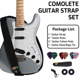 AzureRay Guitar Strap for Electric Guitar & Acoustic Guitar, Adjustable Guitar Strap, 5 cm Wide, Cotton with PU Leather Ends, Universal Guitar Strap, Electric Guitar Bass, Black