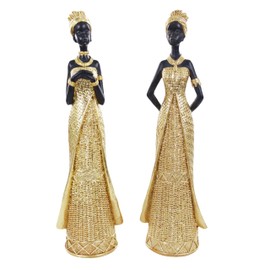 Lescafita Set of Two African Tribal Female Statues in Golden Dress, Afrocentric Style Home Shelf Decor, Elegant Cultural Sculptures, Perfect, Housewarming, Christmas or Mother's Day