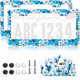 2pcs Blue White Cherry Blossom License Plate Frame for Women, Cyan Sakura Car Tag Frames Girly for Vehicle with Non Adhesive Electrostatic Sticker