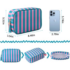 EMBRUNIOICE Stripe Makeup Bag Travel Cosmetic Bag Organizer Tassel Toiletry Bag Large Canvas Zipper Pouch and Accessories Storage Bag for Women (Pink with Green)