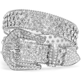 Western Rhinestone Bling Studded Cowboy Cowgirl White BB Belts for Women Girl Men Female Ladies Jeans Pants Dresses Dress with Vintage Silver Buckle(MZSWH-L)