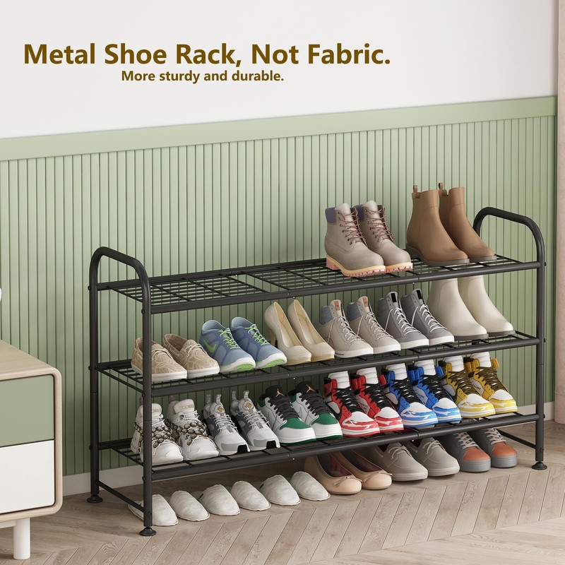 LINZINAR Shoe Rack 3 Tier Long Metal Shoe Organizer for