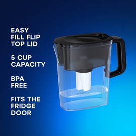 AQUAPHOR Compact 5-Cup Water Filter Pitcher - Black with 1 x B15 Filter - Fits in The Fridge Door - Reduces Limescale and Chlorine - Ideal for Five Cups