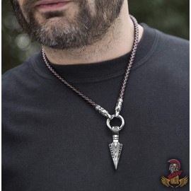 BAVIPOWER Runic Odin's Gungnir Spear Head Pendant Necklace 316L Stainless Steel Nordic Scandinavian Viking Men Jewelry (Brown Leather Chain with Wolf Head, 28)