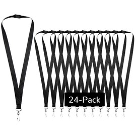 24-Pack Black Lanyards with Safety Breakaway, Metal Hook, Durable Polyester Neck Straps for ID Cards, Keys, Office, School & Events