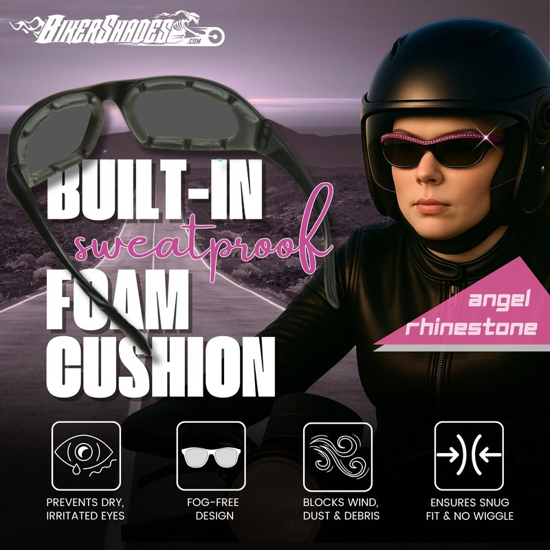 Bikershades Rhinestone Womens Motorcycle Biker Sunglasses Foam Padded Wrap Blocks
