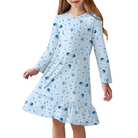 Arshiner Girls' Long-Sleeved Nightdress, Children's Sleep Dress, Crew Neck Night Dress, Winter Sleepwear for Girls, A-line Nightdress, 4-12 Years, Blue Star
