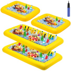 Leitee 4 Pcs Inflatable Ice Serving Bars Buffet Serving Tray Drink Cooler for Pool Party Inflatable Ice Tray Floating Food Drink Containers with Drain Plug and a Hand Pump, 2 Sizes (Yellow)