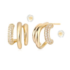 MYEARS Women Triple Hoop Earrings Gold Open C Shape Cubic Zirconia 14K Gold Plated Small Simple Hypoallergenic Everyday Illusion Jewelry