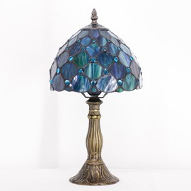 Small Tiffany Lamp Stained Glass Desk Lamp Vintage Tiffany Bedside Table Lamp for Home Living Room Bedroom Nightstand 8X15 Inch (Sea Blue Pearl)