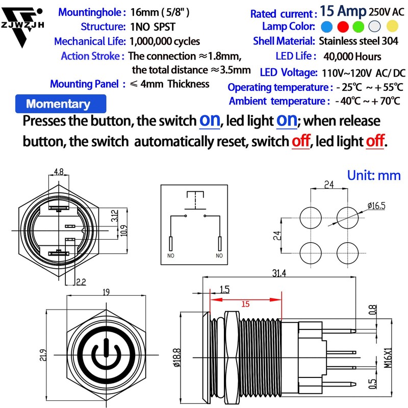UL Listed 15 Amp Momentary Push Button Switch 16mm 5/8"