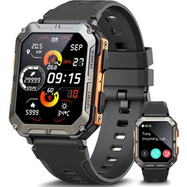 ZONEY Military Rugged Smartwatch for Men,Sport Watch with Answer/Make Call IP68 1.83 inch Fitness Tracker Pedometer SpO2 for Outdoor Enthusiasts (Orange)