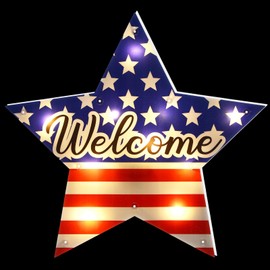 Wonderjune Lighted 4th of July Door Sign Decorations Patriotic Welcome Wreath Independence Day Wreath Patriotic Door Hanger Memorial Day Front for Porch Wall Window Decor 11.4 Inch Outdoor(Star)