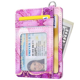 Slim Front Pocket Wallet RFID ID Card Holder Cute Small Wallet with Keychian for Women, Purple Marble, Slim