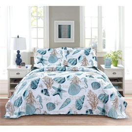 3-Piece Reversible Nautical Theme Bedspread Coverlet King(96x108 Inches),Blue-Green Seashells Coral Beach Bedding Sets,Lightweight Quilt Set Bed Cover,Coastal Bed Set for All Seasons(Cyan,King)