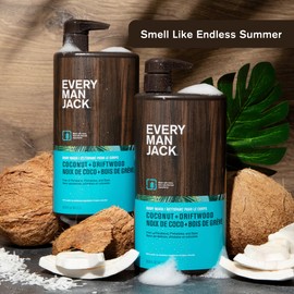 Every Man Jack Coconut + Driftwood Mens Body Wash for All Skin Types - Cleanse, Hydrate, and Smell Great - Free of Parabens, Phtalates, and Dyes - 33.8 fl oz (2 Pack)