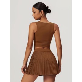 ABOCIW Tennis Dresses for Women High Waisted Pleated Tennis Skirt Set Square Neck Workout Crop Tank Tops Workout Golf Outfits Athletic Dress #2 Brown Small