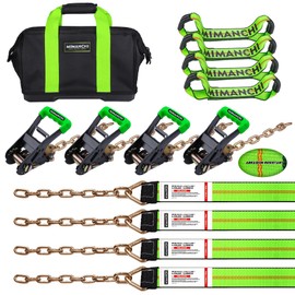Mimanchi 8 Point Roll Back Vehicle Tie Down Straps Kit, 2" x 16', Heavy Duty Car Hauling Straps for Trailers with Ratchet Handle, Chain Tail on Both Ends - Tow Truck Equipment