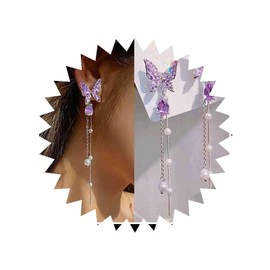 Inateannal Vintage Purple Crystal Butterfly Drop Earrings Silver Long Pearl Necklace Earrings Butterfly Pearl Tassel Earrings Purple CZ Butterfly Stud Earrings Jewellery for Women and Girls, Zinc