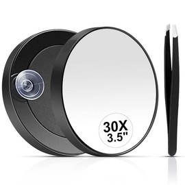 30X Magnifying Mirror, Small Magnifying Mirror with Suction Cup and Tweezers, As a Travel Makeup Mirror, Compact Mirror Set for Plucking Eyebrows 3.5 Inches - Colour: Black-40x
