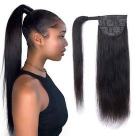 Straight Wrap Around Ponytail Human Hair Extensions, 100% Real Hair Magic Paste Ponyt for Black Women, 12 Inches