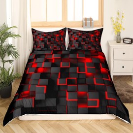 Tabeskly Boy Kids Geometry Square Lattice Bedding Single Duvet Cover Sets Bed Zipper Red Black 135×200cm