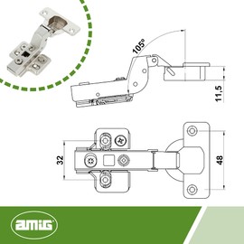 Amig - Hinge 5200 | Angled Steel Hinge | 110° Opening Angle | Diameter 35 mm Basket | Quick Release & Hydraulic Piston | Adjustable Screws, Nickel-Plated Steel