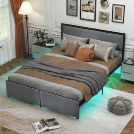 Giantex Queen Bed Frame with LED Lights and 2 Storage Drawers, Upholstered LED Platform Bed with Linen Fabric Headboard, Metal Slats Support, No Box Spring Needed, Light up Bed Frame, Grey