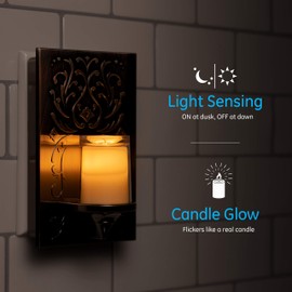 GE LED CandleLite Night Light, Plug-In, Dusk-to-Dawn Sensor, Auto On/Off, Flickers Like a Real Candle, Warm Amber Light, Energy Efficient, Guide Light, Decorative, Oil-Rubbed Bronze Finish, 11258