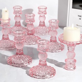 12Pcs Pink Candlestick Holders Set- 4" H Taper Candle Holders Bulk, Glass Candle Holders for Wedding, Party, Romantic Dinner Table Centerpieces, Festival Gifts & Windowsill Decor