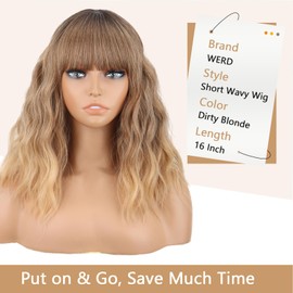WERD Short Blonde Wig with Bangs Dirty Blonde Bob Wavy Wigs for Women Heat-Resistant Synthetic Ombre Blonde Short Wig for Cosplay Party Use