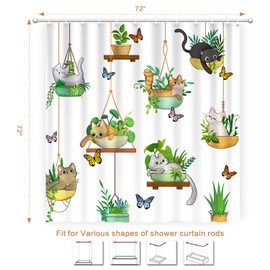 Hanging Potted Plants Cat Shower Curtain, Bracketplant Kitty Thick Shower Curtain for Bathroom with 12 Hooks Polyester Fabric Waterproof Shower Curtain Sets Machine Washable Kids Bath Curtain